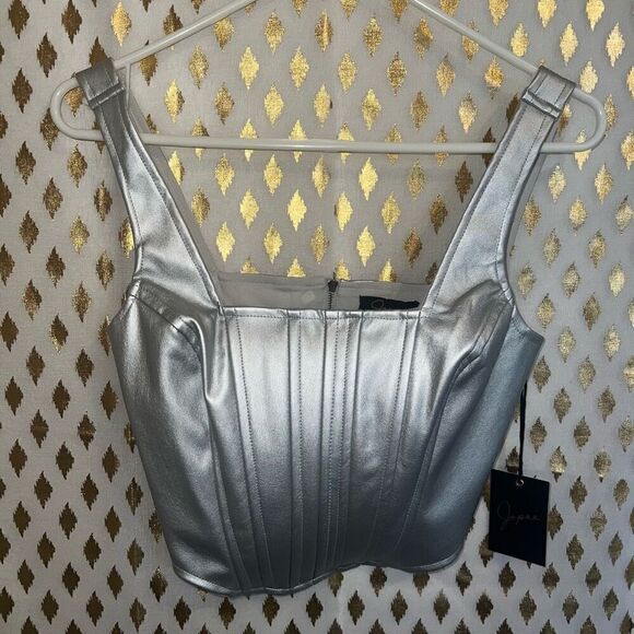 JAFRA Tops - NWT Japra silver metallic corset cyber goth futuristic size S